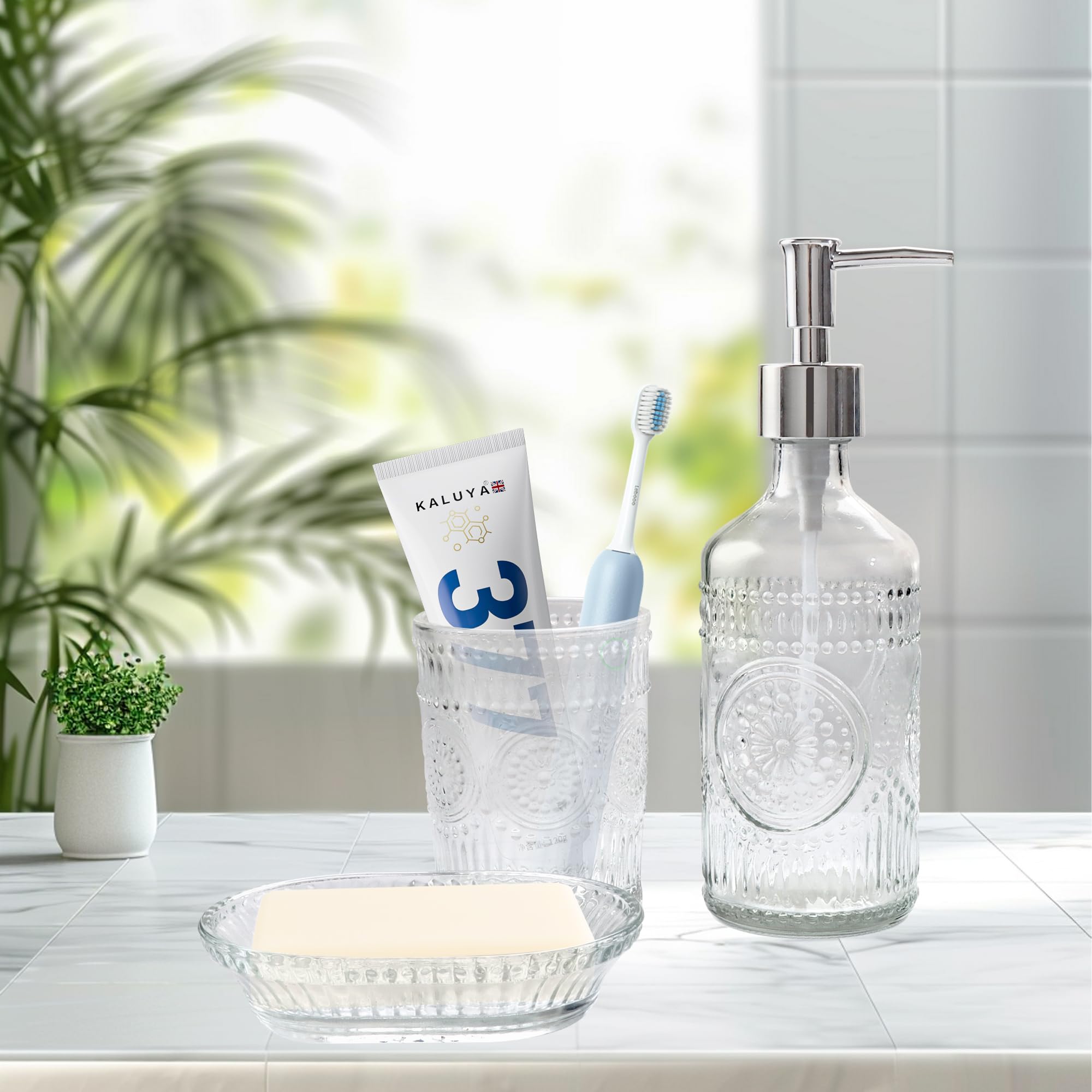 FEILANDUO 3Pcs Glass Bathroom Accessories Set, Lotion & Soap Dispenser, Toothbrush Holder, Soap Dish, Modern Bathroom Countertop Decor for Home