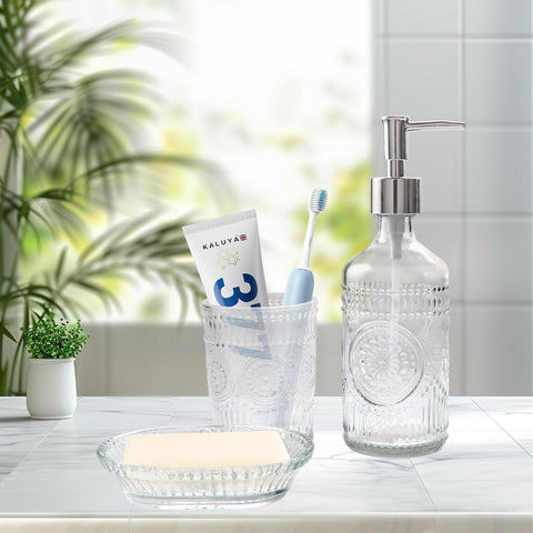 FEILANDUO 3Pcs Glass Bathroom Accessories Set, Lotion & Soap Dispenser, Toothbrush Holder, Soap Dish, Modern Bathroom Countertop Decor for Home