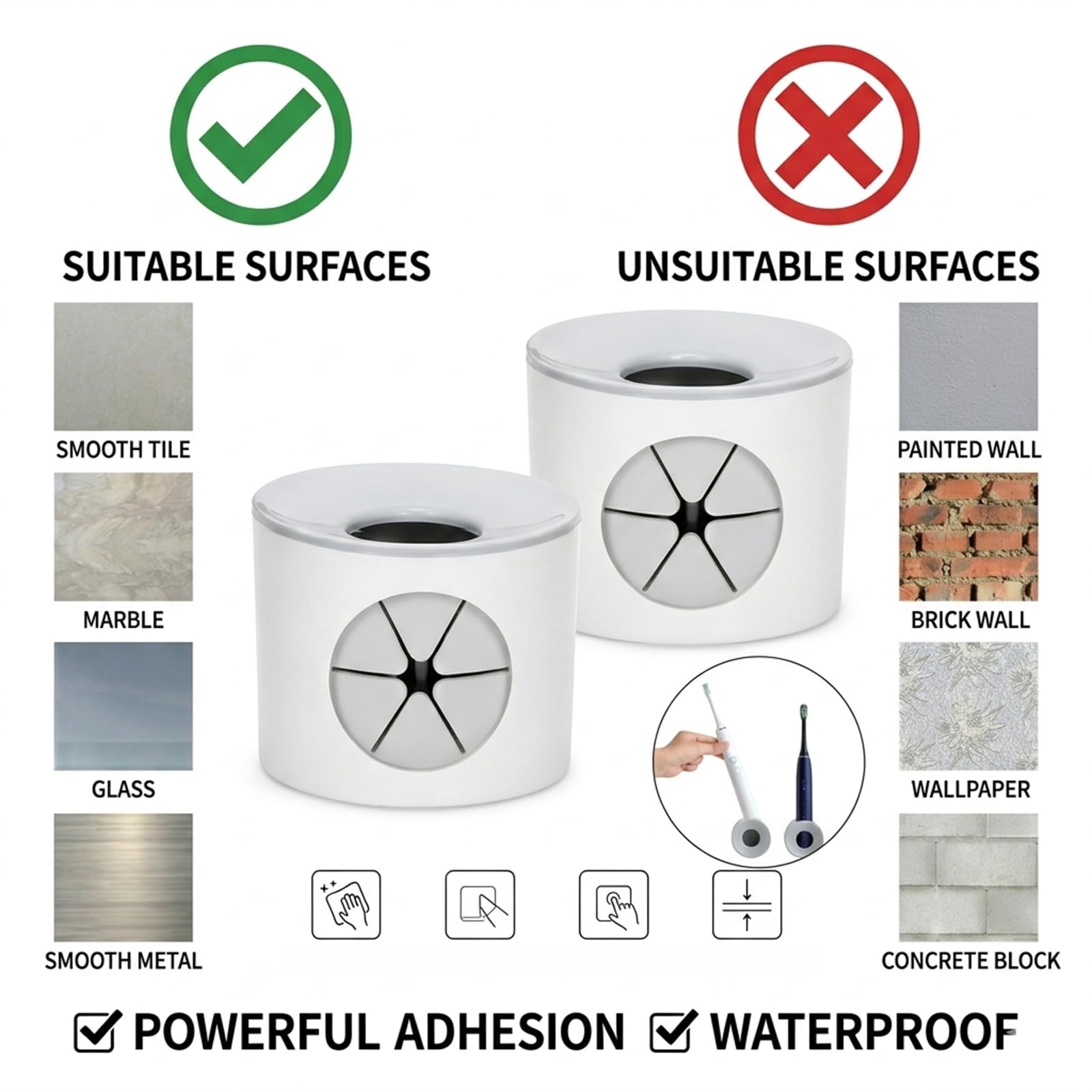 2Pcs Wall Mounted Electric Toothbrush Holder, No Drilling Self Adhesive Organiser with Drain Holes, Removable Toothbrush Storage Caddy