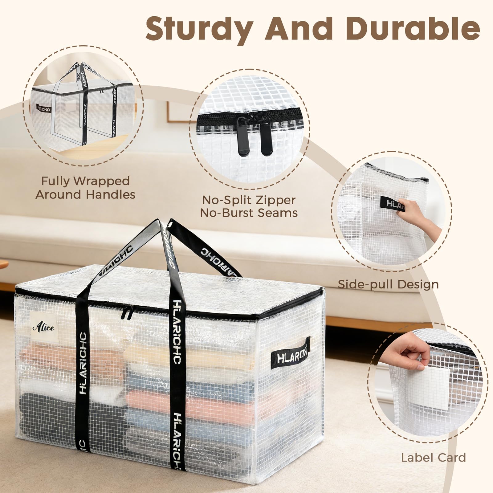 Hilarichic Heavy Duty Moving Bags 97L - Extra Large Storage Bags for Clothes with Strong Zipper & Comfortable Handles, Packing Boxes for Moving House