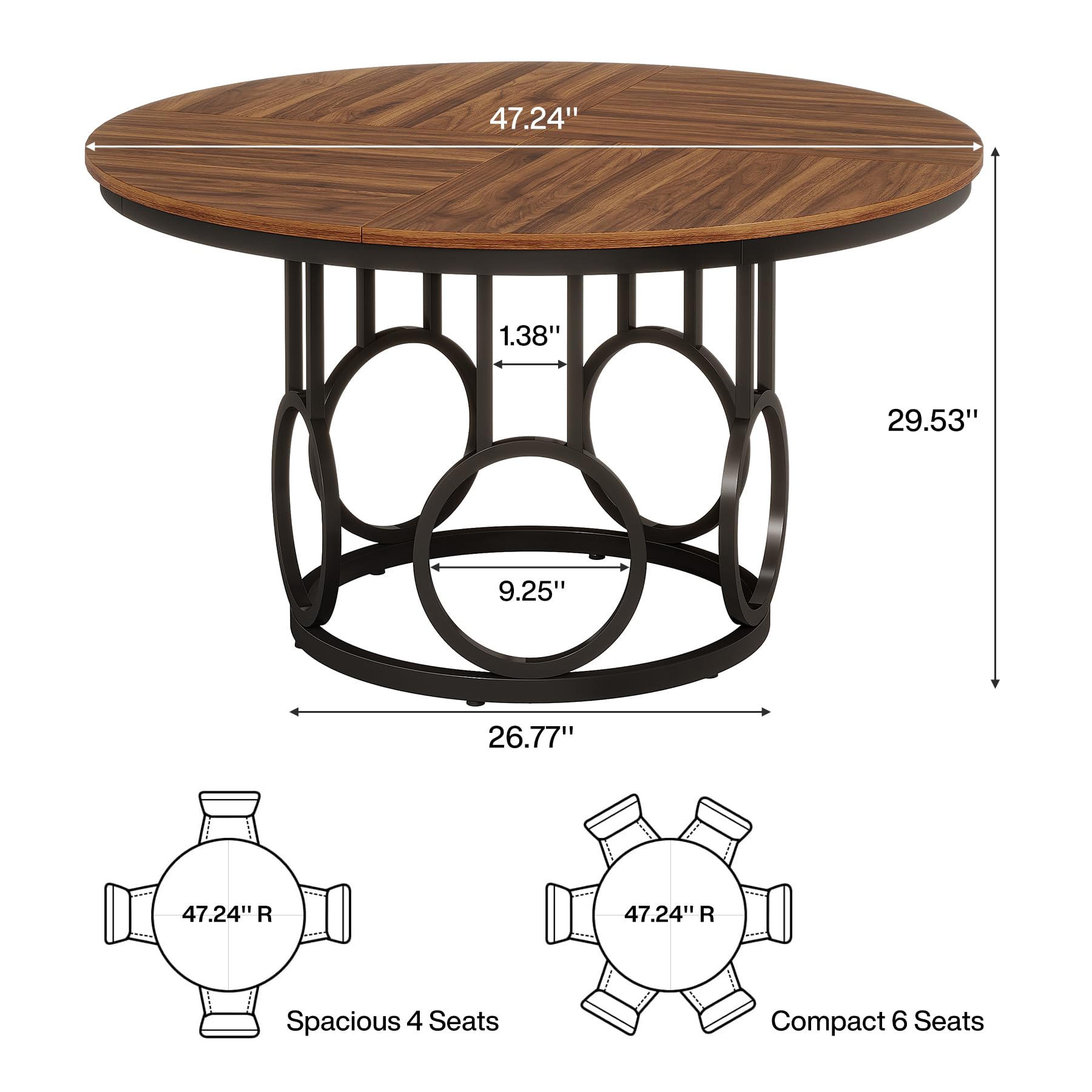 Tribesigns 47-Inch Round Dining Table, Wood Kitchen Table with Sturdy Metal Base for 4-6 People, Large Circle Dinner Table for Dining Room, Kitchen