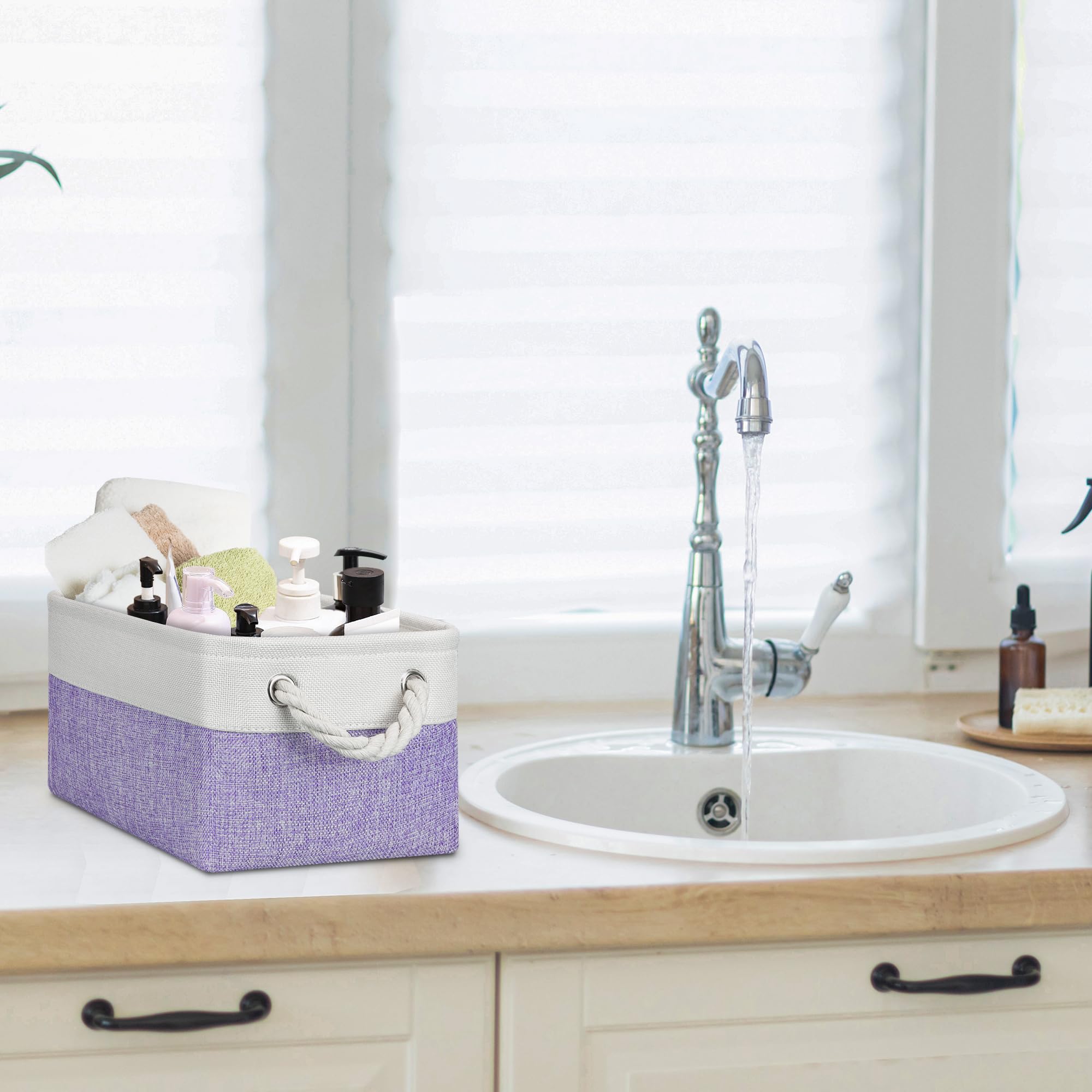 PWVMWM Small Storage Baskets with Rope Handles, Collapsible Fabric Storage Box, Small Linen Basket for Bedroom Bathroom Cupboards Shelves Wardrobe