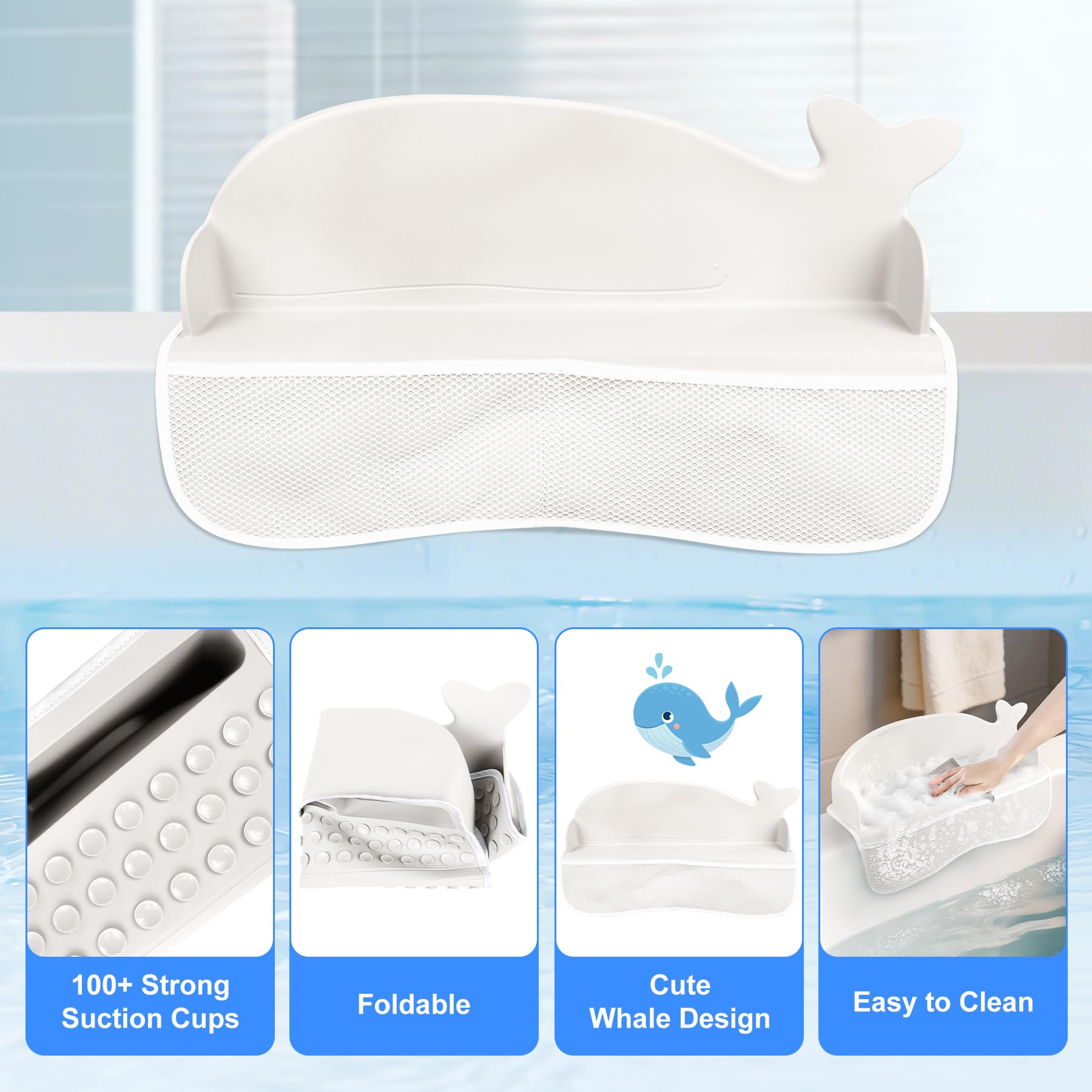 MCGMITT 2 Pack Whale Bathtub Splash Guard, Silicone Bath Splash Guards with 130 Strong Suction Cups, Bath Toy Storage Organizer with Mesh Pockets
