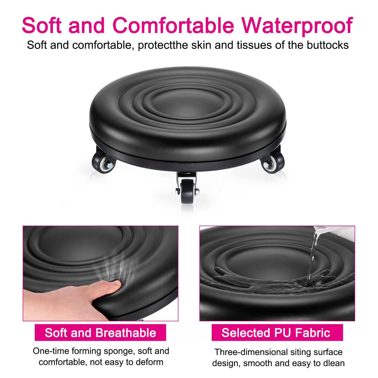 PATIKIL Low Rolling Stool Chair - PU Leather Universal Wheel Seat for Home Office Fitness - Round Roller Stool (Black)