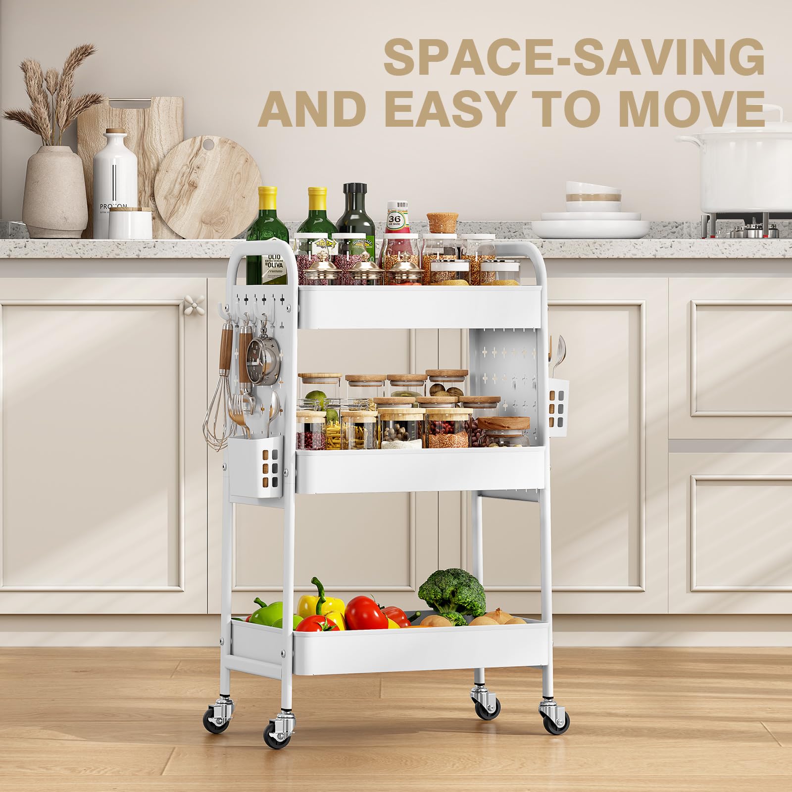 KINGRACK 3-Tier Rolling Cart with DIY Hanging Board, Metal Utility Cart with Wheels, Handles, Baskets & Hooks, Storage Organizer for Bathroom