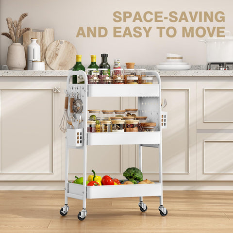 KINGRACK 3-Tier Rolling Cart with DIY Hanging Board, Metal Utility Cart with Wheels, Handles, Baskets & Hooks, Storage Organizer for Bathroom