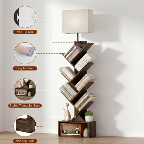 Quikraen 6-Tier Tree Bookshelf with LED Light, Rustic Brown
