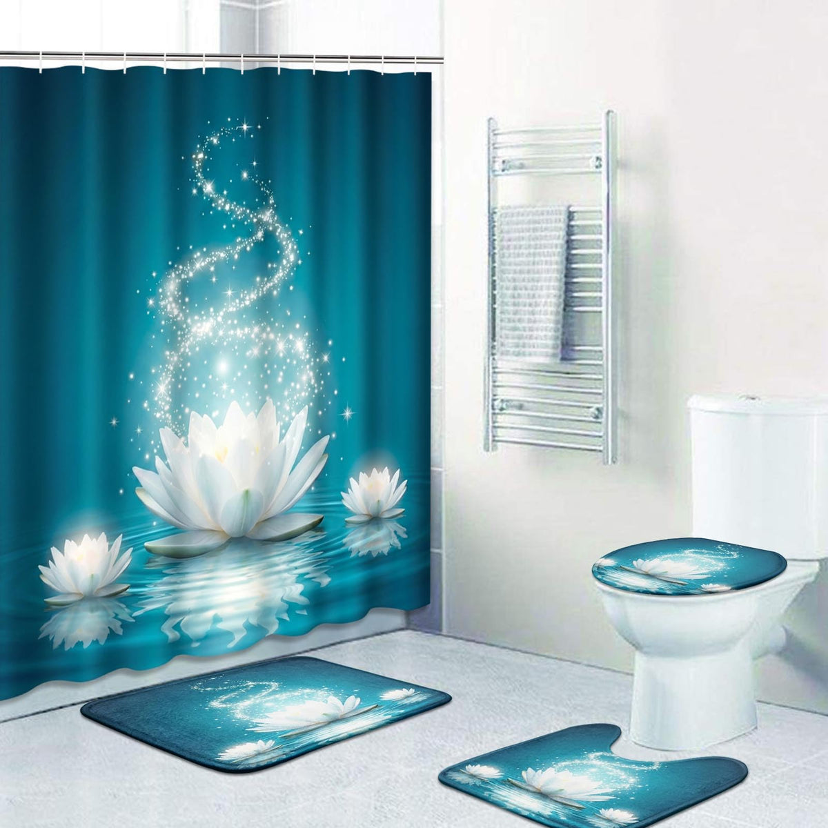 4 Piece Shower Curtain Sets, with 12 Hooks, Magic Lotus Flower Turquoise Zen with Non-Slip Rugs, Toilet Lid Cover and Bath Mat