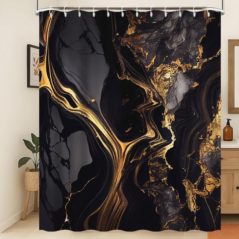 Xiaoterna Marble Shower Curtain Abstract Black Gold Marble Bathroom Curtain Gold Powder Sparkling Modern Luxury Marble Shower Curtain Machine