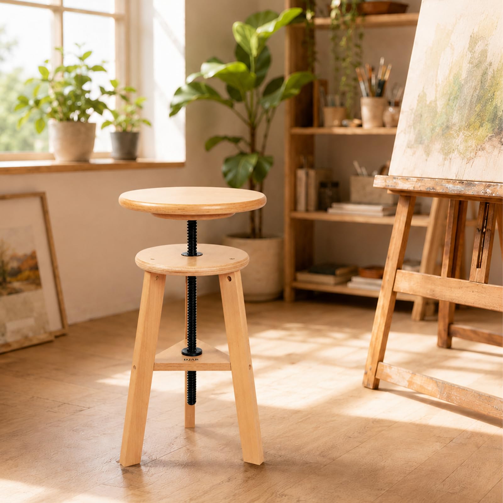 DJAR Wooden Drafting Stool Chair, Adjustable Beech Wood Artist Stool, Swivel Seat 19"-26", Tall Wooden Stool for Studio, Kitchen