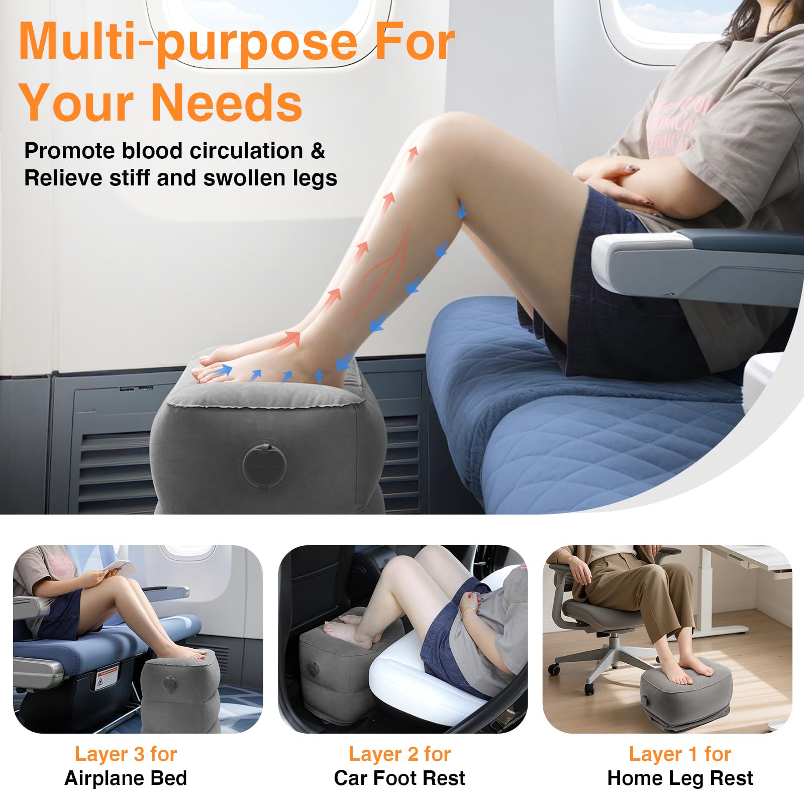 Maliton Inflatable Airplane Foot Rest with Pump Bag (Darkgrey, 1 Pack)
