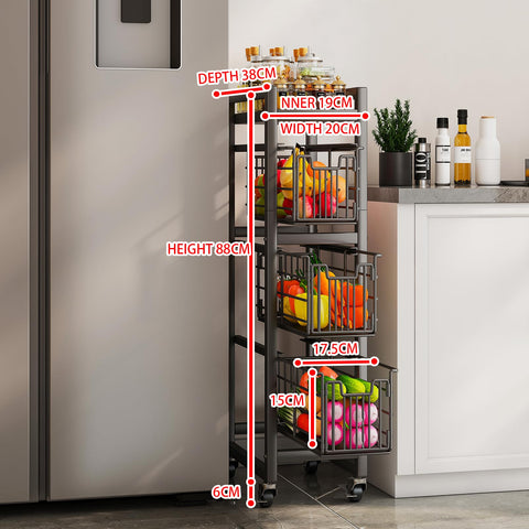 4-Tier Pull-Out Storage Organizer Rolling Utility Cart - Universal Metal Craft Shelf Trolley for Home Kitchen Bathroom Bedroom Office Classroom