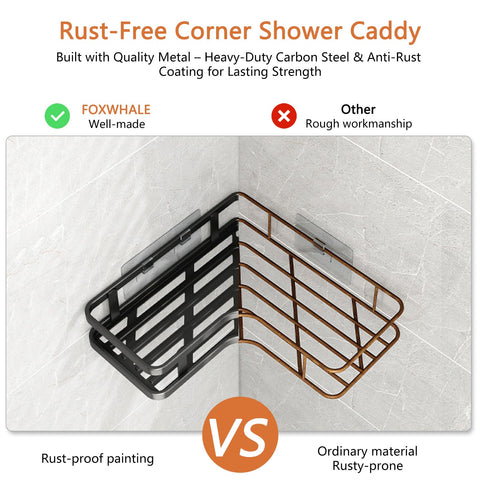 Shower Shelf No Drilling 2 Pieces Corner Shower Shelf Bathroom Shelf Black Shower Gel Holder with 2 Plastic Toothpaste Holders and 4 Removable Hooks