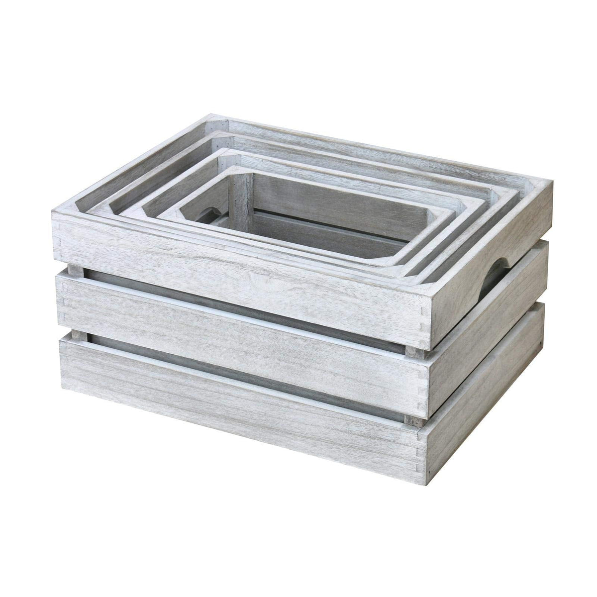 Hodge and Hodge Vintage Wooden Crate Set of 4 Slatted Fruit Boxes with Handles Natural Whitewash Finish