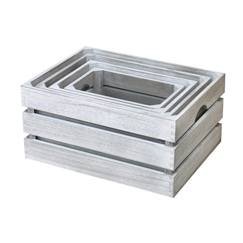 Hodge and Hodge Vintage Wooden Crate Set of 4 Slatted Fruit Boxes with Handles Natural Whitewash Finish