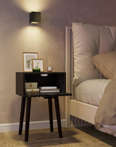 YMYNY Fluted Nightstand Set of 2, Small End Table, Modern Coffee Table with Drawer, Solid Wood Legs, Retaining Chain, 35x27x53cm
