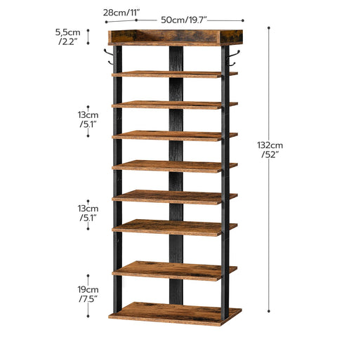 HOOBRO Narrow 9-Tier Tall Shoe Rack, Wooden Storage Organizer With 2 Hooks, Slim Shelf, Vertical Tower for Entrance, Industrial