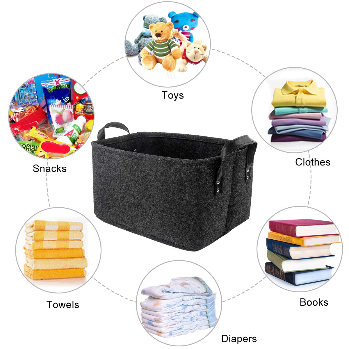 Discoball Large Felt Storage Basket Open Fabric Bins Foldable Organizer Box with Handles for Closet, Clothing, Toys, Books, Office Products