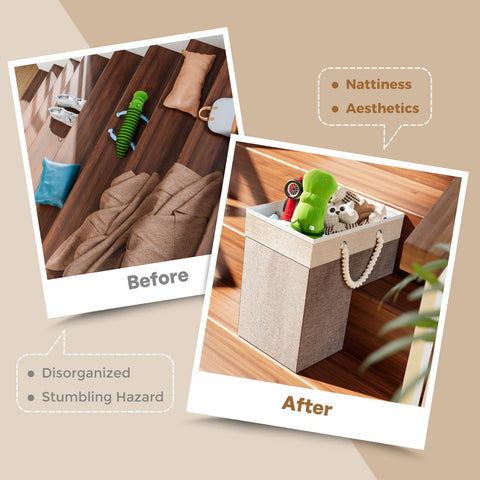 Puricon Flax Basket for Carpeted and Wooden Stairs - Foldable Stair Storage Basket with Handle - Warmgrey, 1 Pack