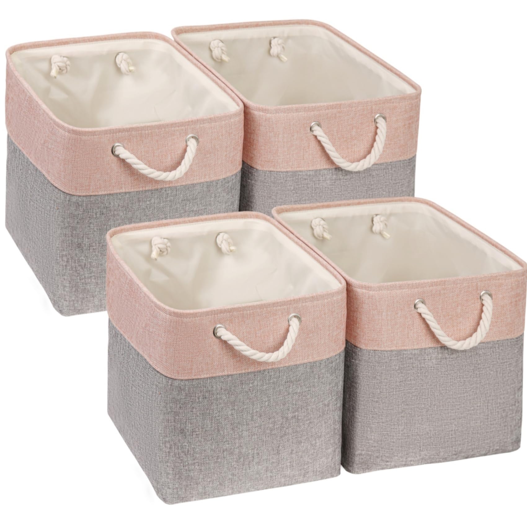 Mangata Canvas Cube Storage Boxes, 25x25x25cm Storage Baskets for Shelves Organizing Clothes Nursery Home(Grey/Pink, Set of 4)