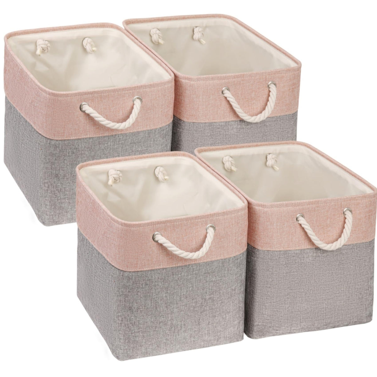 Mangata Canvas Cube Storage Boxes, 25x25x25cm Storage Baskets for Shelves Organizing Clothes Nursery Home(Grey/Pink, Set of 4)