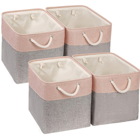 Mangata Canvas Cube Storage Boxes, 25x25x25cm Storage Baskets for Shelves Organizing Clothes Nursery Home(Grey/Pink, Set of 4)