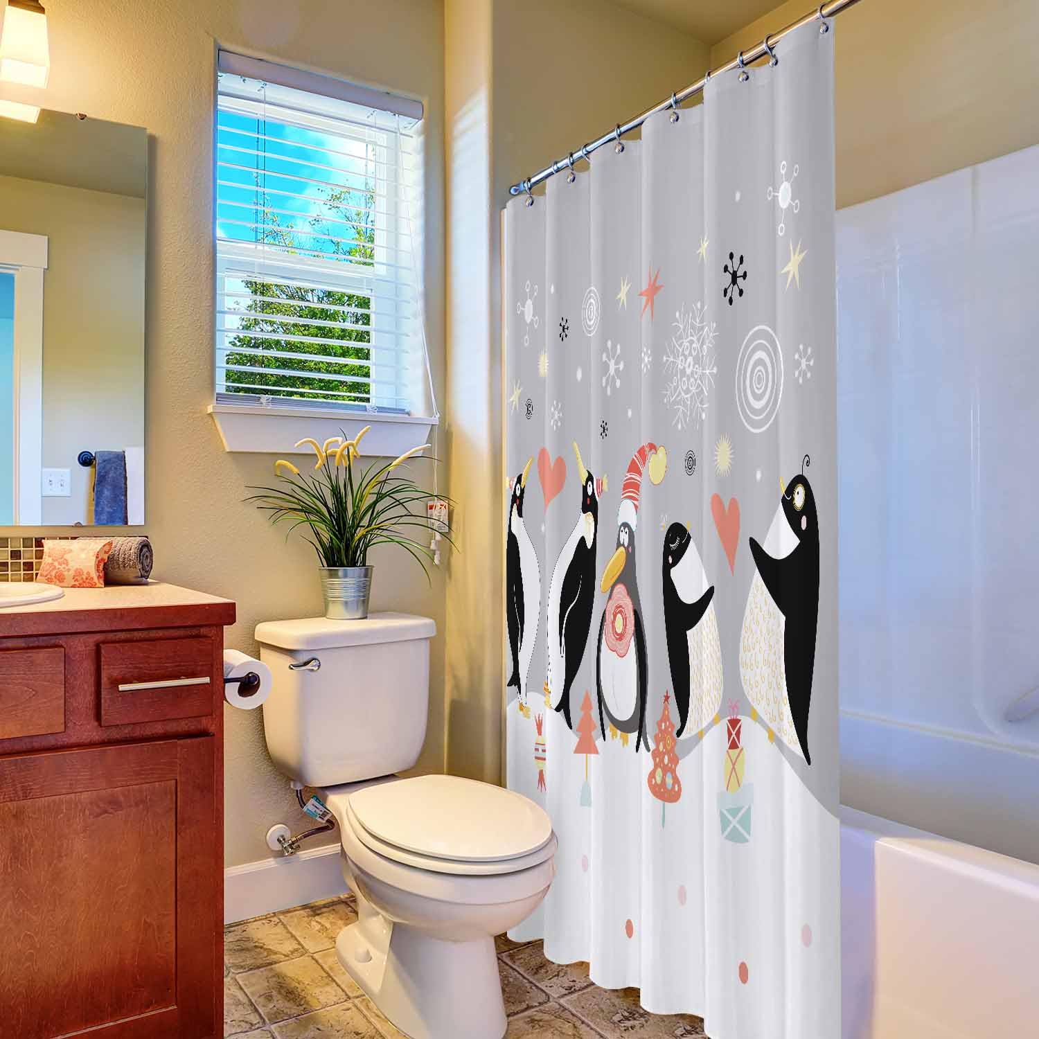 Woutay Shower Curtain Mould Proof Resistant Happy Penguin,Water Repellant Fabric,Polyester,with 12 Plastic Hooks