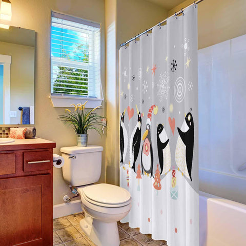 Woutay Shower Curtain Mould Proof Resistant Happy Penguin,Water Repellant Fabric,Polyester,with 12 Plastic Hooks
