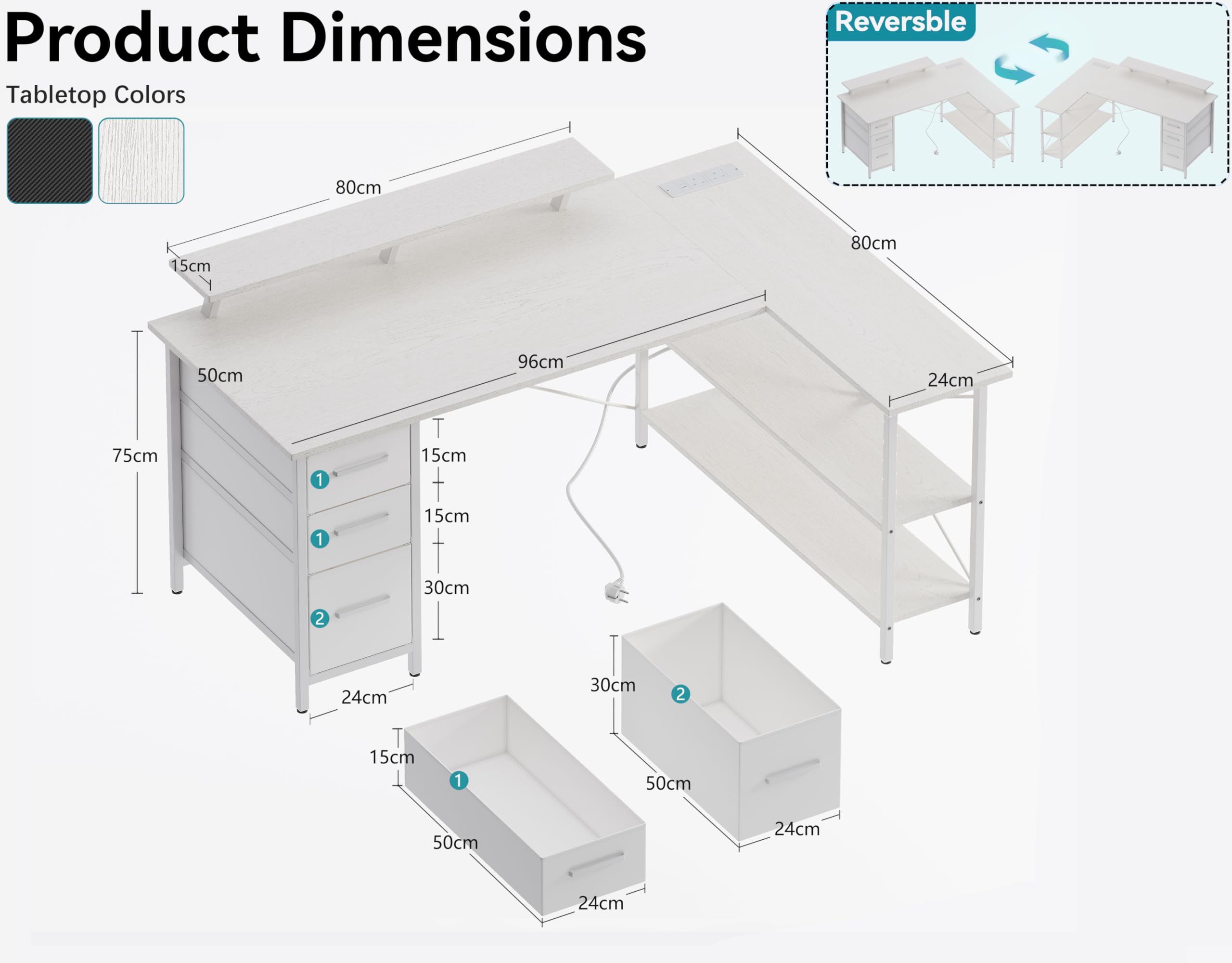 Xyphren Corner Computer Desk with Drawers, 120x80cm Reversible L Shaped Desk with Power Outlet, Home Office Desk with Monitor Stand and PC Stand