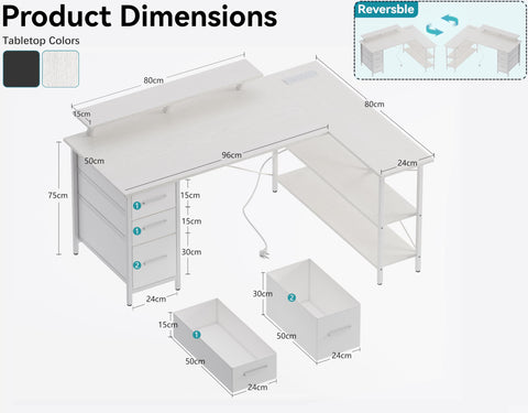 Xyphren Corner Computer Desk with Drawers, 120x80cm Reversible L Shaped Desk with Power Outlet, Home Office Desk with Monitor Stand and PC Stand