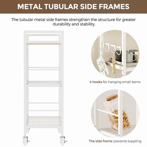 3-Tier kitchen trolley,Oak Wood Top,80W×30Dcm,4 Hooks, Adjustable Shelves