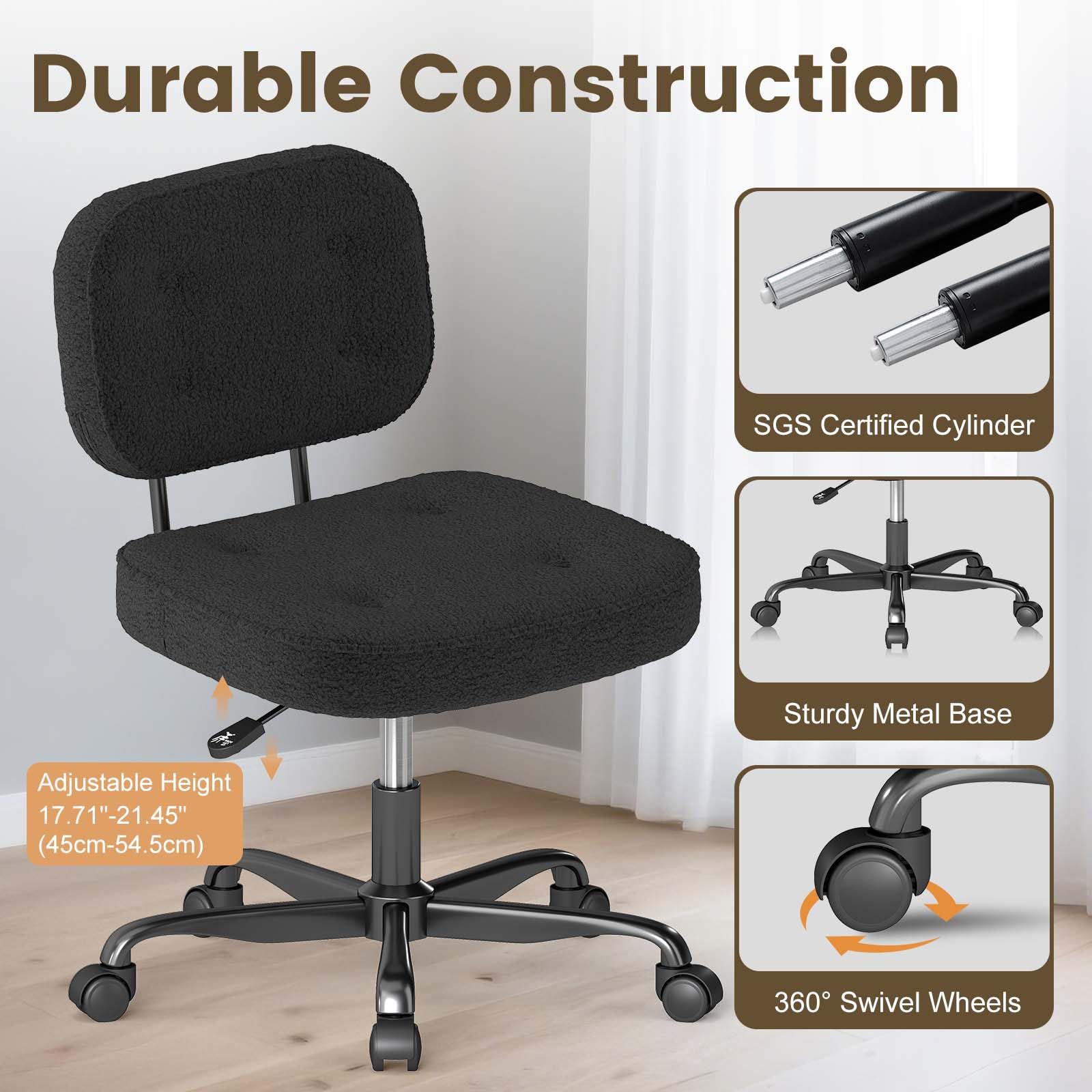 AnyGod Armless Desk Chair, Adjustable Swivel Task Seat, Black Teddy-Fleece