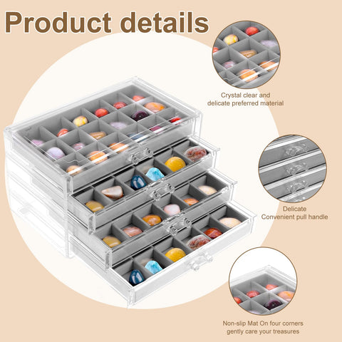 Gatphy Rock Display Case, 4 Drawers Rock Collection Box 72 Grids Rocks Collection Display Case Acrylic Jewelry Box Clear Gemstone Crystals Storage