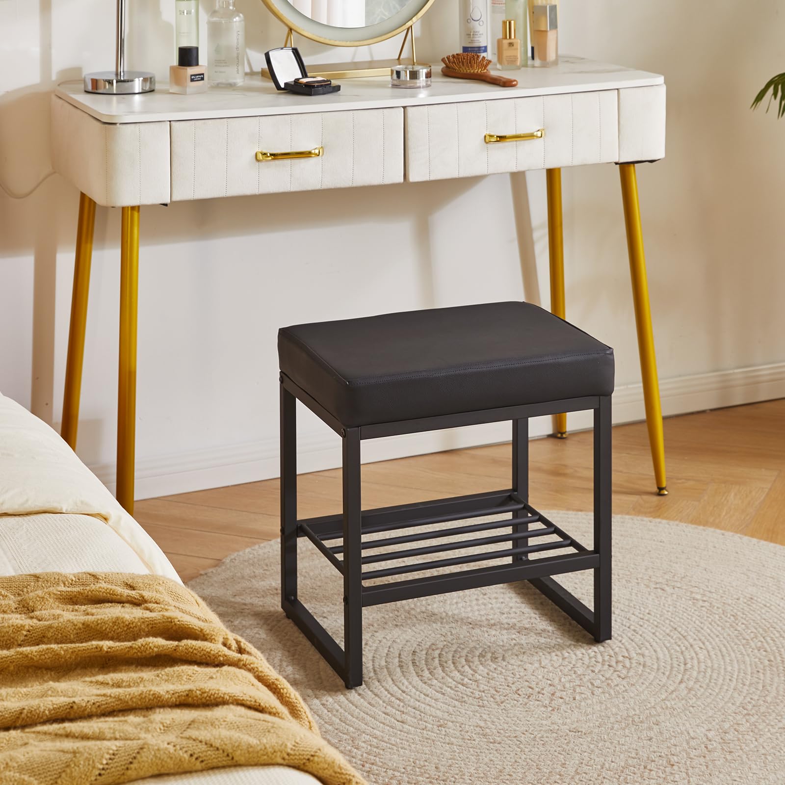 Aibiju Stool Chair for Dressing Table, Faux Leather Small Makeup Bench for Vanity, PU Seat Vanity Stool for Bedroom Living Room, Black YD-JD150B