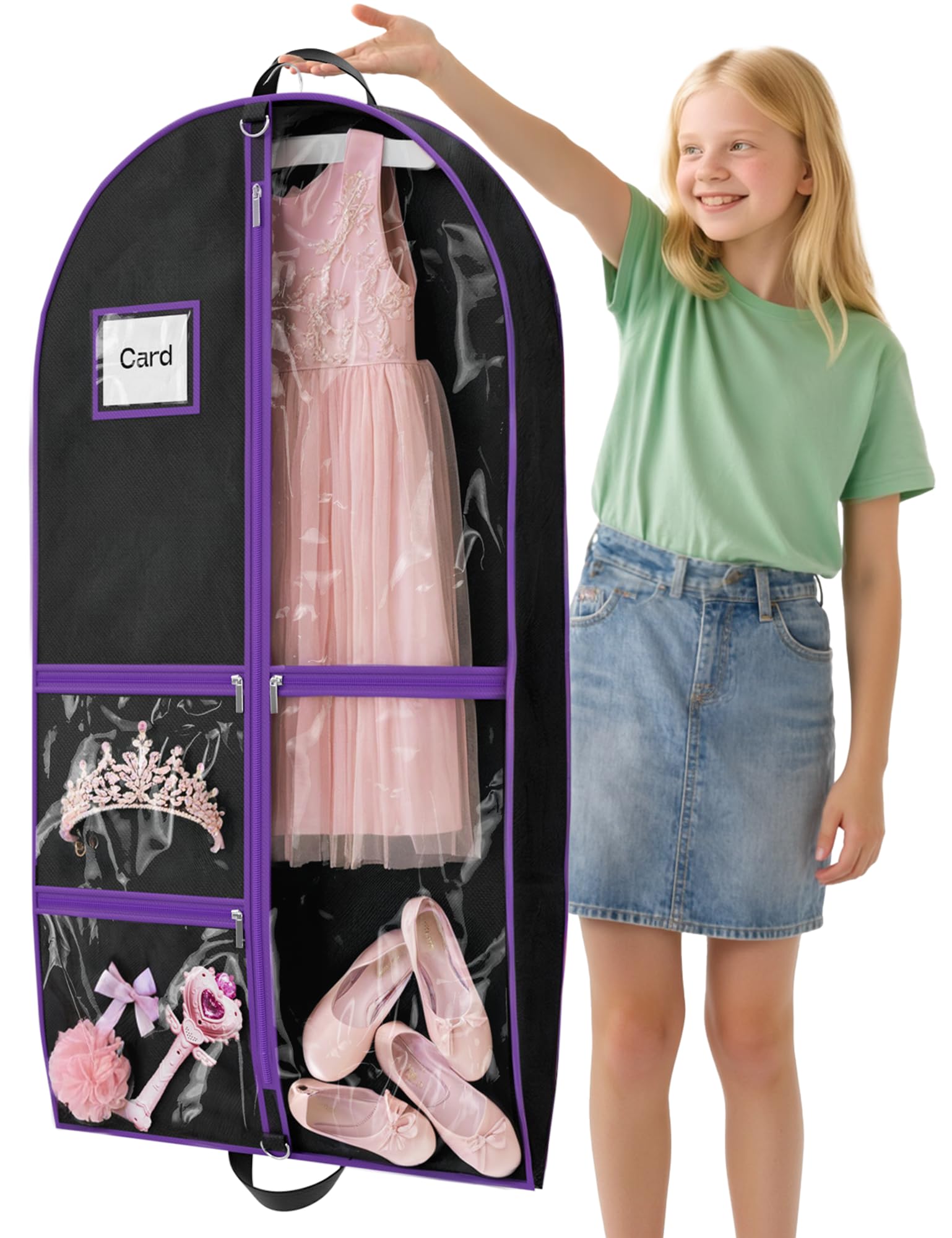 Costume Garment Bags for Dancers, Garment Bags with 3 Clear Zipper Pockets, Clothes Covers Protector Bags for Suits, Travel & Sports Jersey
