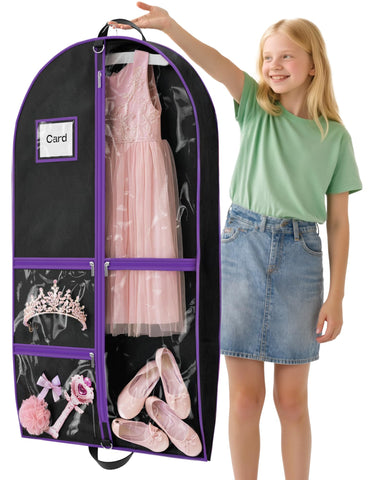 Costume Garment Bags for Dancers, Garment Bags with 3 Clear Zipper Pockets, Clothes Covers Protector Bags for Suits, Travel & Sports Jersey