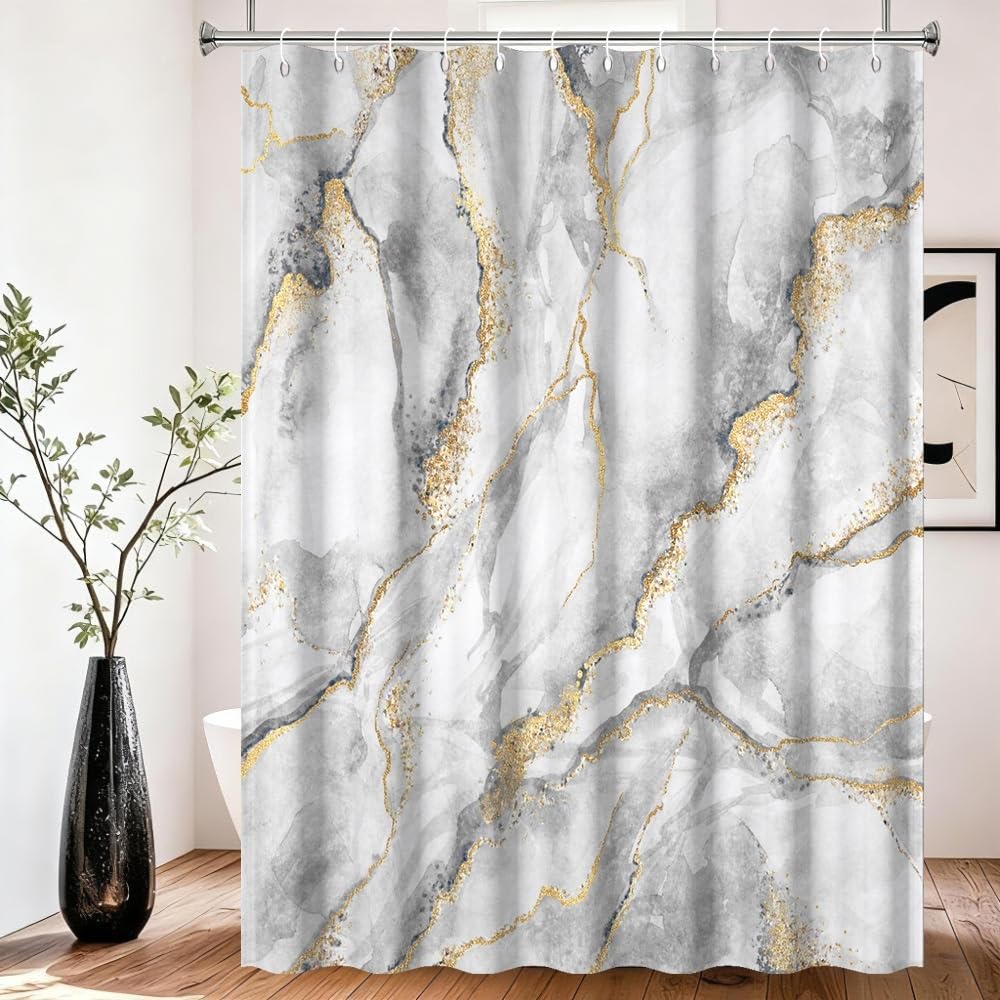 Xiaoterna Marble Shower Curtain 3D Grey Gold Bathroom Curtain Luxury Modern Abstract Grey Marble Golden Dots Water Repellant Machine Washable Shower