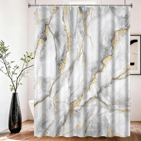 Xiaoterna Marble Shower Curtain 3D Grey Gold Bathroom Curtain Luxury Modern Abstract Grey Marble Golden Dots Water Repellant Machine Washable Shower
