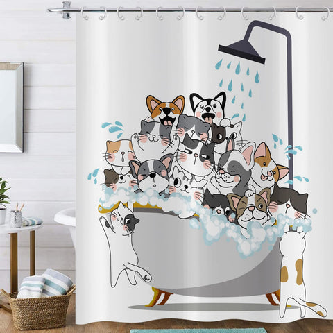 Hnmdmyi Funny Shower Curtain 180x180, Cartoon Animal Cat and Dog Kids Shower Curtains Colorful Lovely Hilarious Pets Bathroom Curtains Waterproof