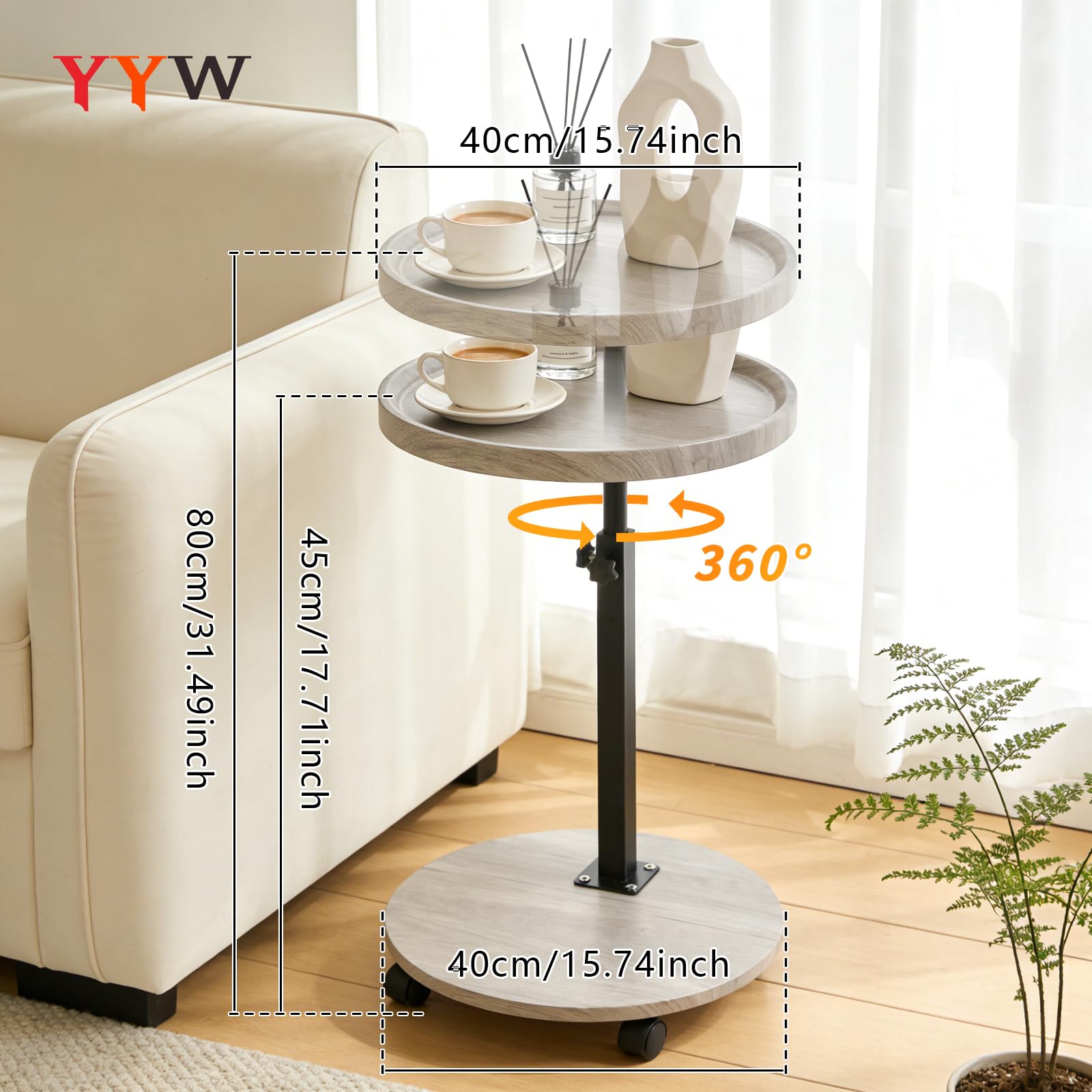 YYW C Shaped End Table Adjustable Height, Couch Tables That Slide Under for Small Spaces, 360°Swivel TV Tray Table
