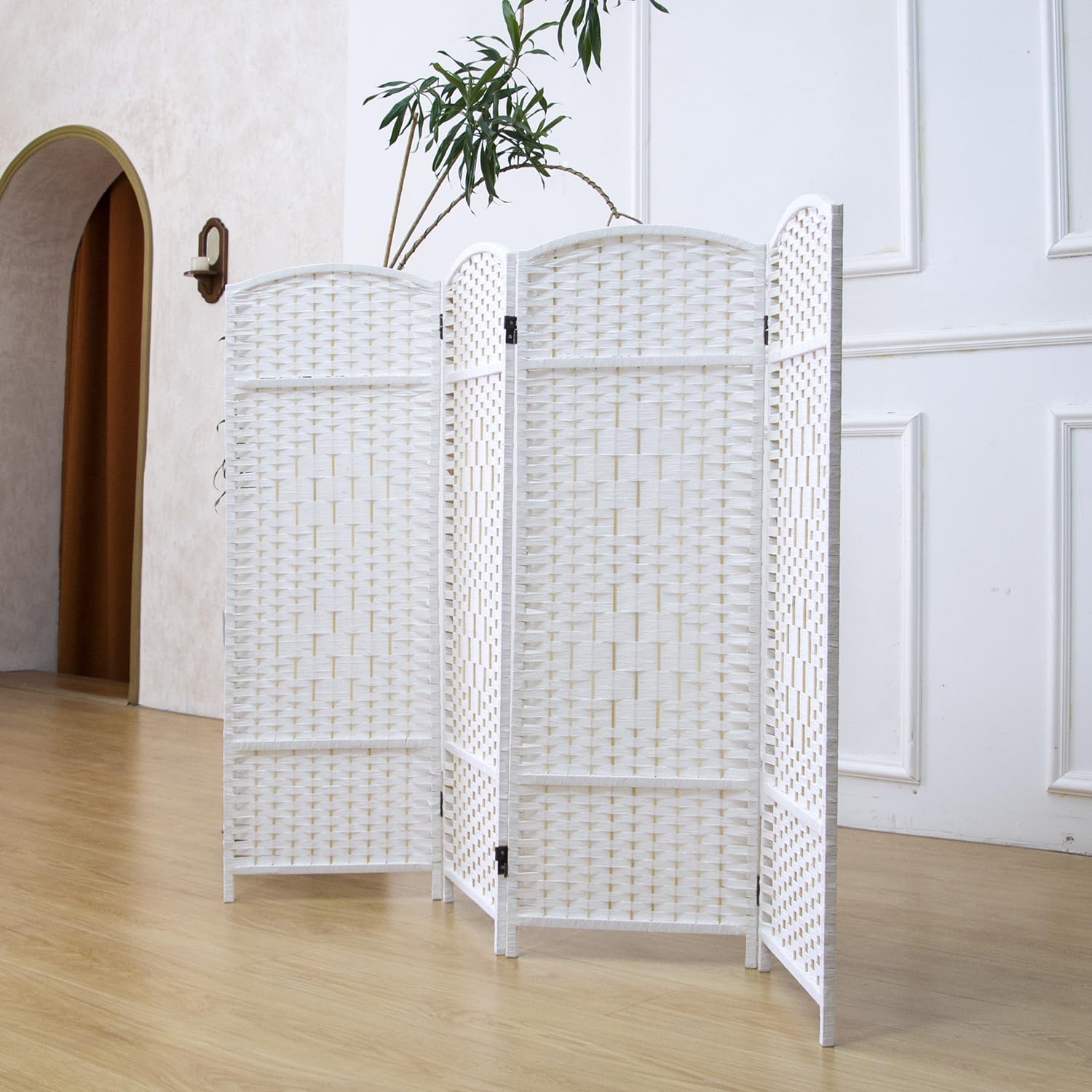 Furnnylane 4 Panel White Rattan Divider Short Room Partition Screen,Double Sided Short Folding Divider for Room Separation,120 cm Tall