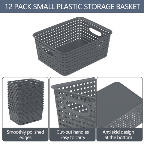 Ziglous 12-Pack Woven Storage Baskets, Small Plastic Organizer Basket, Grey