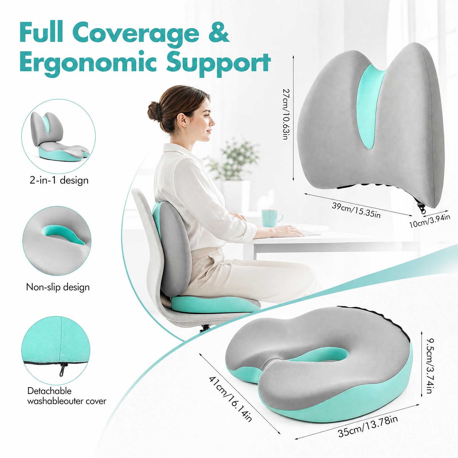 Memory Foam Seat Cushion & Lumbar Support Pillow Set, 2-in-1 Ergonomic Orthopaedic Office Chair Cushion with Non-Slip Base – Coccyx