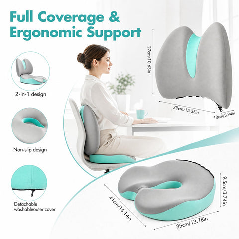 Memory Foam Seat Cushion & Lumbar Support Pillow Set, 2-in-1 Ergonomic Orthopaedic Office Chair Cushion with Non-Slip Base – Coccyx
