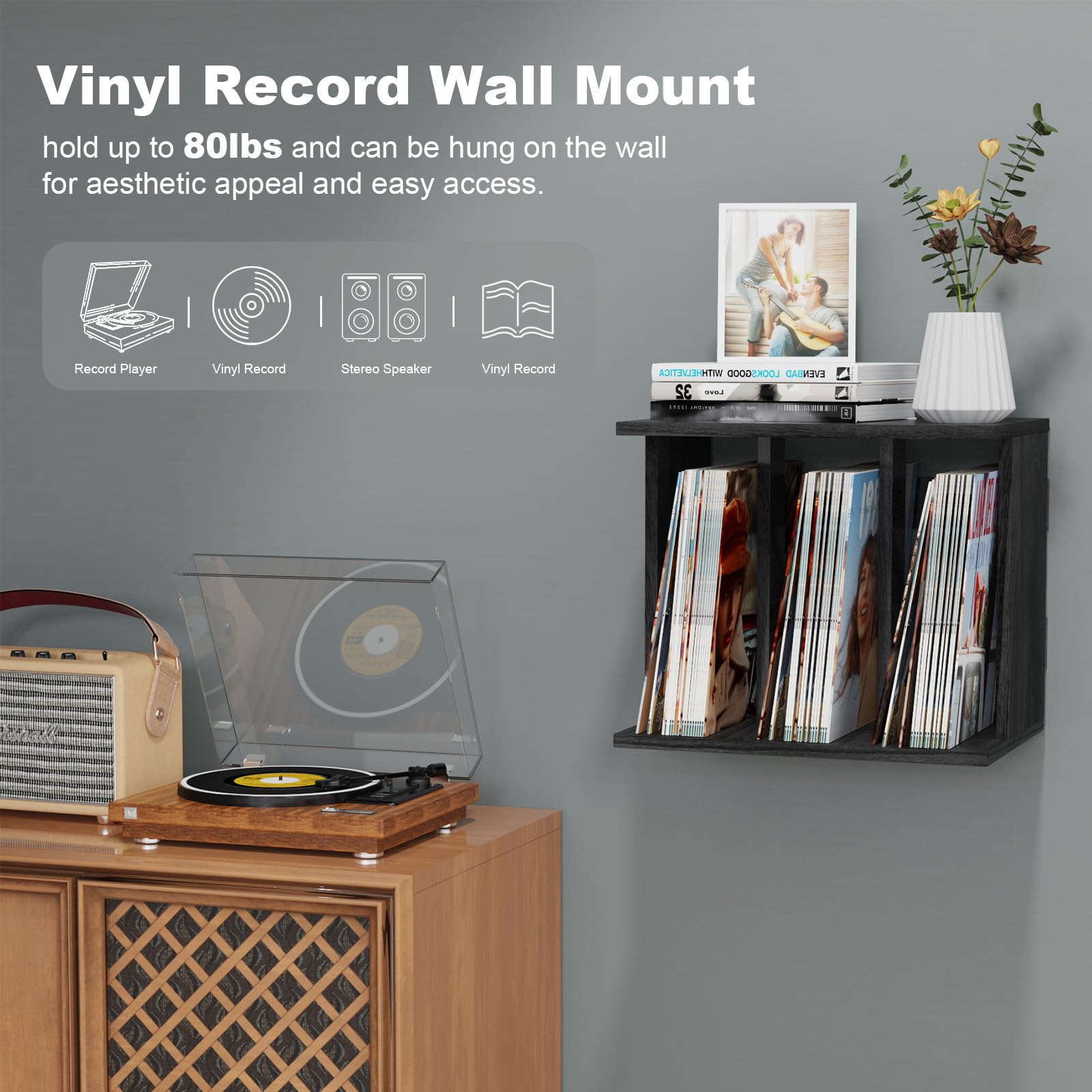 Emfogoo Vinyl Record Storage Wall Mounted Holds 100 LP Albums, 3-Tier Organizer Cabinet with Wall Mount