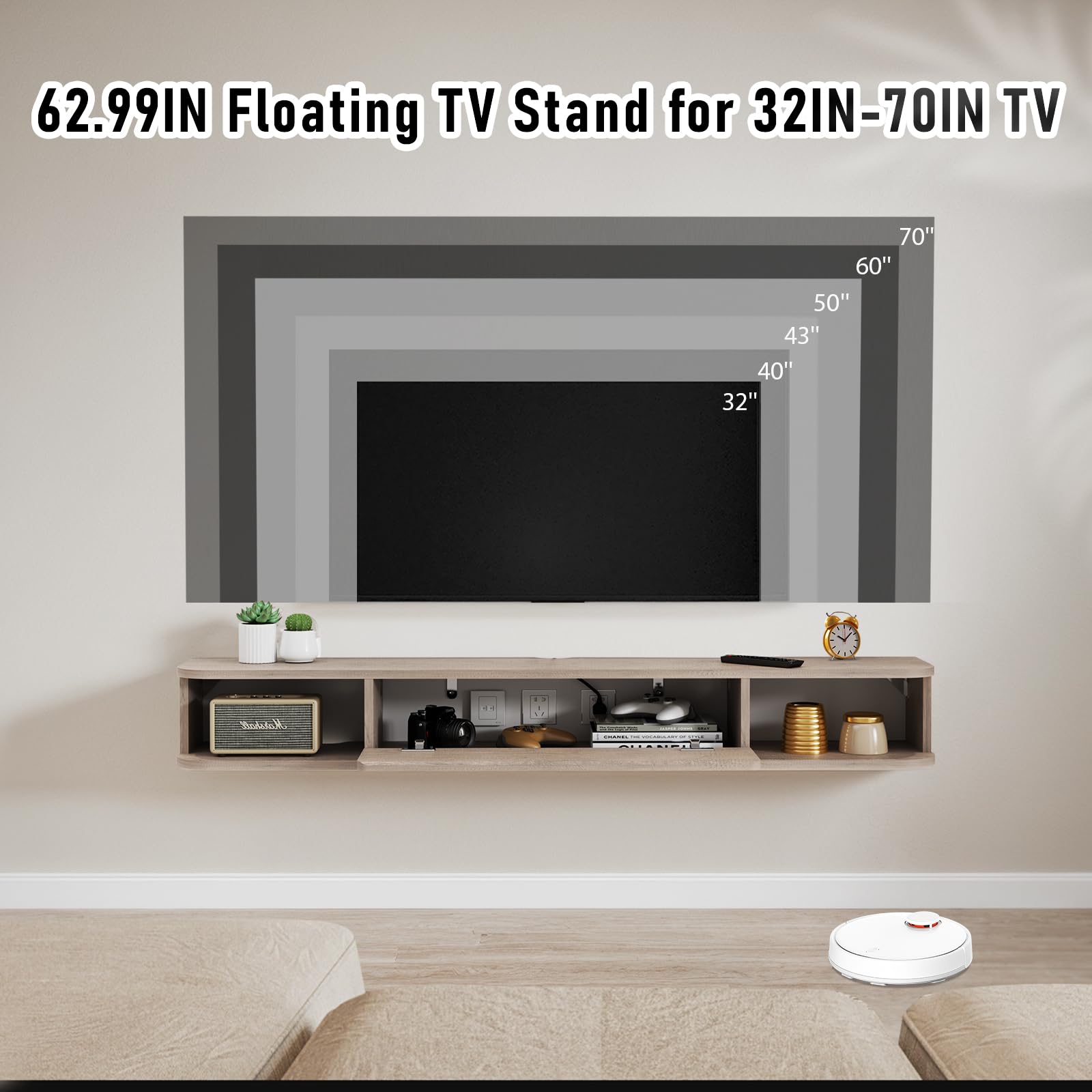 Pmnianhua Floating TV Shelf, Wall Mounted TV Cabinet, Floating Shelves with Door, Modern Entertainment Media Console Center Large Storage Under TV