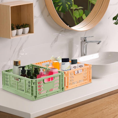 Bossjoy 4 Pack Plastic Storage Crates Foldable Shelf Storage Basket Bins for Food Fruit Vegetables Snacks Toys Toiletries