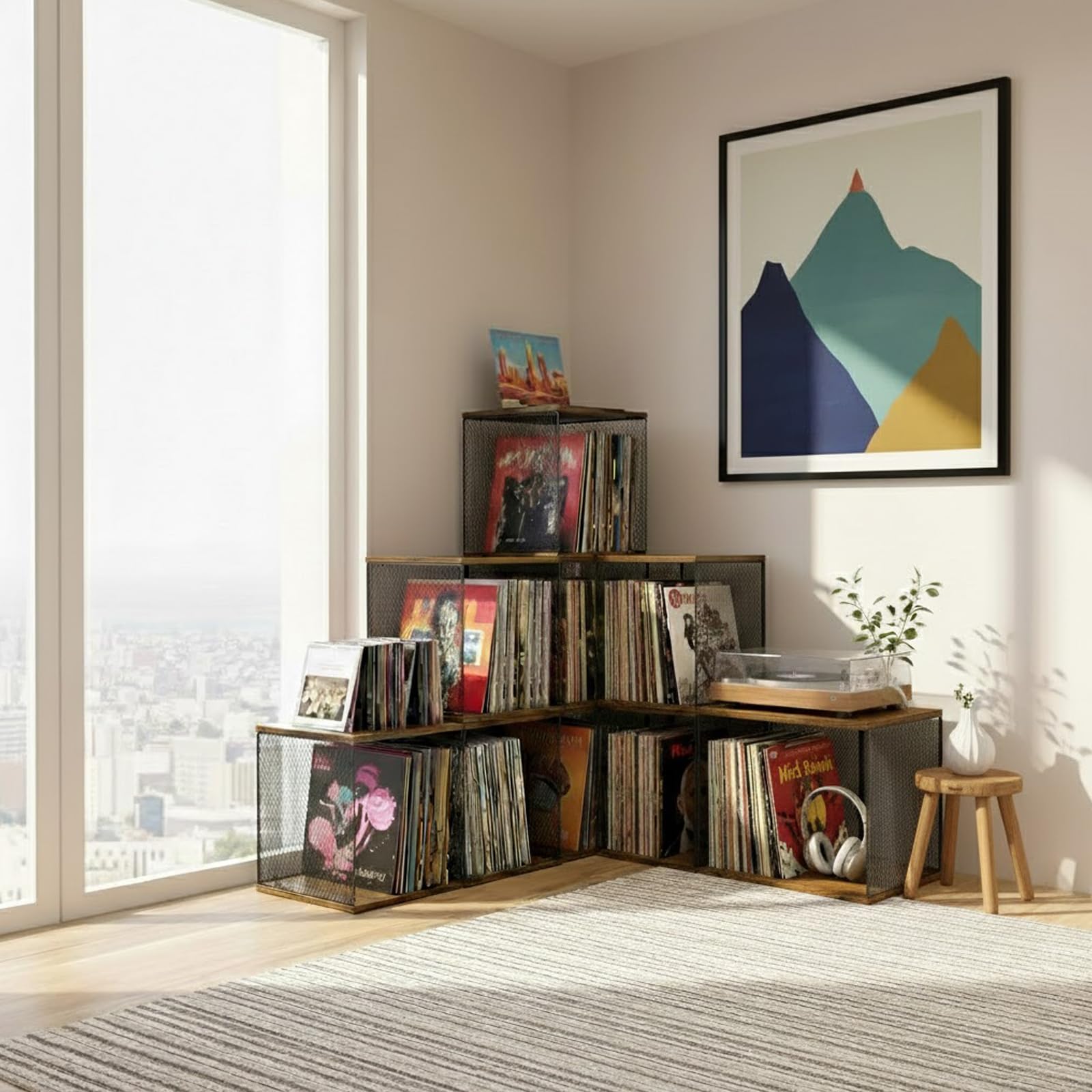 Kryntex Vinyl Record Storage Cube, Stackable Wooden LP Album Holder Fits 80–110 Records, Metal Frame Record Organiser Box for Home