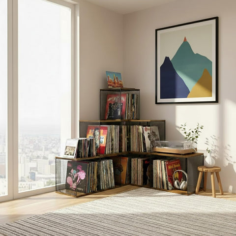 Kryntex Vinyl Record Storage Cube, Stackable Wooden LP Album Holder Fits 80–110 Records, Metal Frame Record Organiser Box for Home