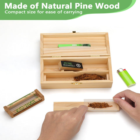 RYO TRUST Roll Box, Storage Stash Box with Rolling Paper Dispenser and V Block, Portable Pine Wood Smoking Accessories Organizer 6.6'' x 3.3" x